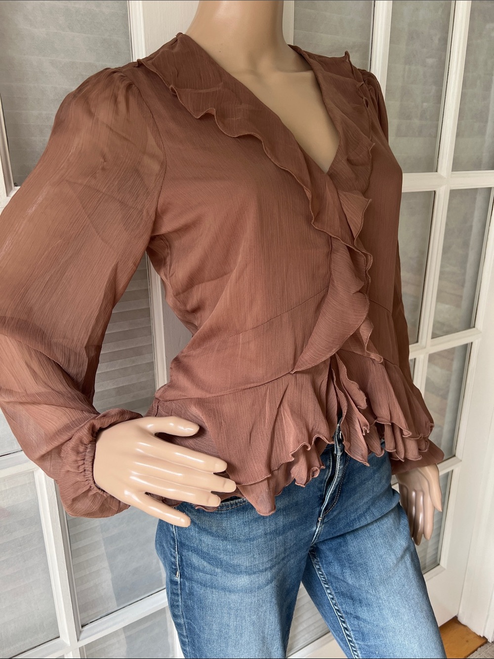Ruffled V-Neck Peplum Blouse in Warm Brown